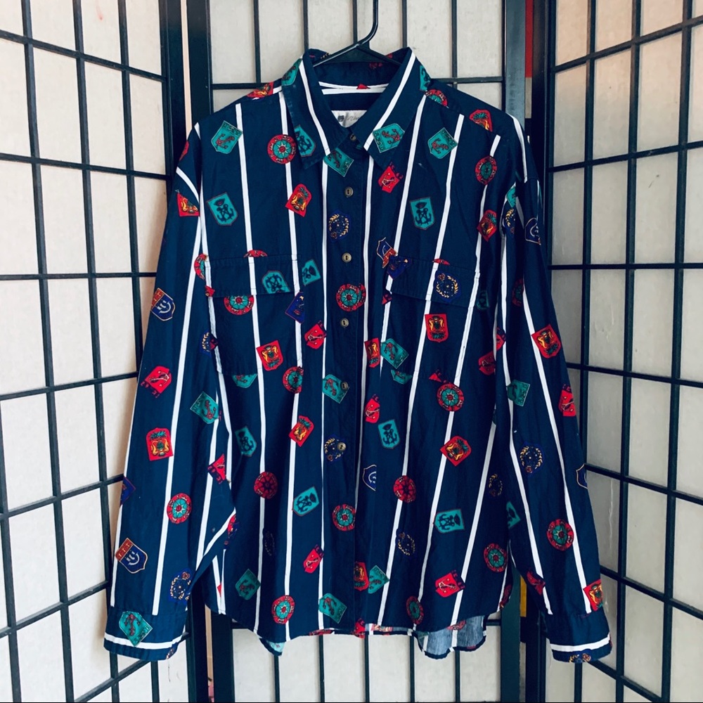Casual Navy Striped Button-Down Shirt with Multicolor Crest Print